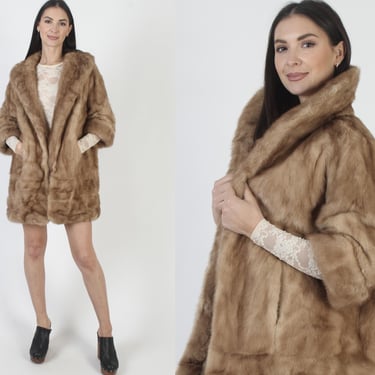 Open Front Autumn Haze Mink Coat, 60s Real Fur Cropped Jacket, Large Collar Winter Overcoat 