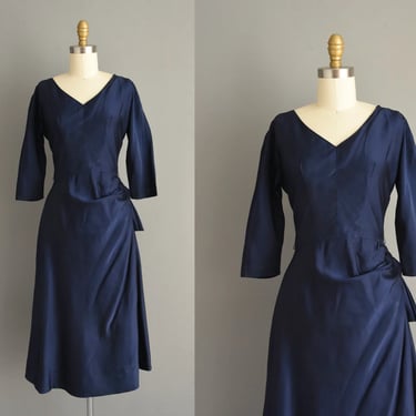 1950s vintage dress | Gorgeous Navy Blue Satin Cocktail Party Dress | Small Medium | 50s dress 