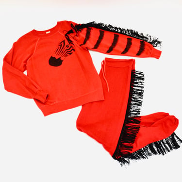 80s 90s Vintage Red Zebra Pony Horse Fringe Sweatshirt Sweatpants fringe Mane Sleeve// Fringe Red Top and Red Fringe Pants With Zebra horse 