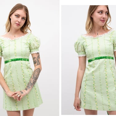 Vintage 1960s 60s Pastel Green White Daisy Chain Eyelet Lace Puff Sleeve Micro Mini Dress 