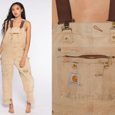 Carhartt Overalls Men's 34 Workwear Coveralls Baggy Pants Ripped Cargo Dungarees Brown Bib Long Work Wear Vintage Brown Small 34 x 30 