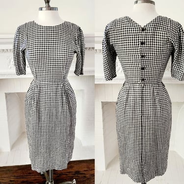 80s UNGARO Checked Print Dress Black White Back Buttons / S 