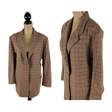 90s Houndstooth Blazer Size 16 | Wool Blend Academia Brown Tweed Fall Jacket XL | 1990s Clothes Women Vintage Plus Size from Joan Leslie 