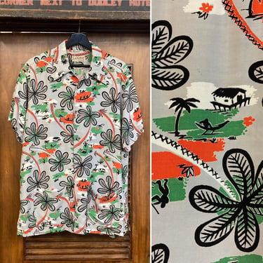 Vintage 1940’s Size L Atomic Tropical Rayon Cabana Hawaiian Shirt, 40’s Hawaiian Shirt, Vintage Rayon Shirt, Vintage Clothing 