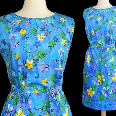 Vintage 60s Hawaiian Sleeveless Dress, Andrade Hawaii Sheath, Made in Hawaii, Blue Floral Print, Size M Medium 