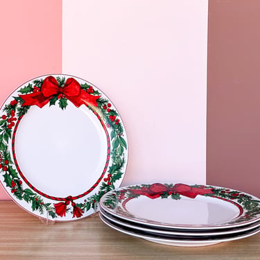 Set of Four Bow and Holly Dinner Plates