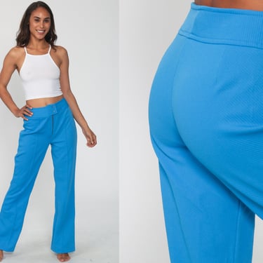 BELL BOTTOM Pants 26 x 32 -- 70s Blue Polyester High Waisted Trousers Boho Flared 1970s High Waist Hippie Vintage Bohemian Small 4 tall Long 