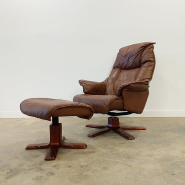Vintage Danish Mid Century Modern Leather Lounge Chair and Footstool 