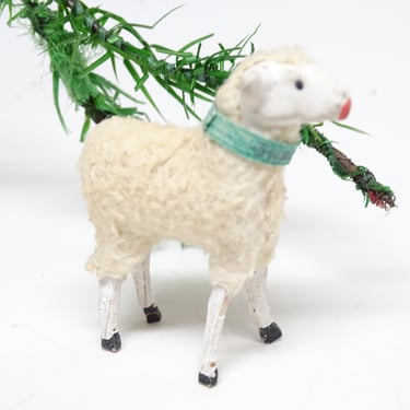 Antique 1930's German 2 Inch Wooly Sheep, for Putz or Christmas Nativity, Vintage Easter, Original Collar Marked GERMANY 