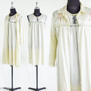 1960s Embroidered Gown & Robe Peignoir Set | 60s Ivory Nylon Peignoir | JC Penny | Large 