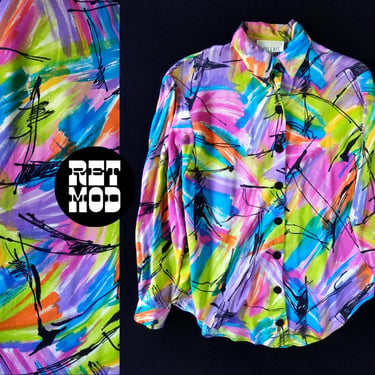 Colorful Vintage 80s 90s Abstract Art Long Sleeve Button Down Statement Shirt 