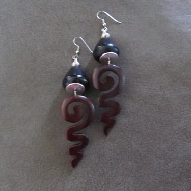 Carved large spiral wooden earrings 
