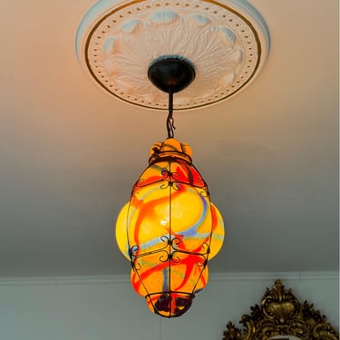 Blown Original Murano Glass Venetian lantern multi color, Made in Italy vintage style chandelier 