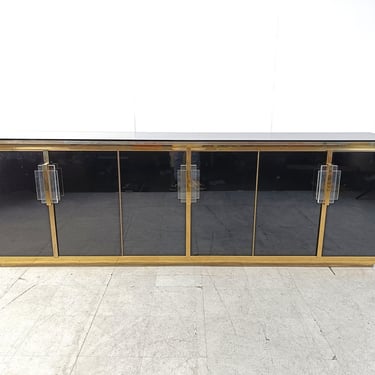 Vintage Black Lacquered and black glass credenza, 1980s - hollywood regency credenza - vintage credenza - black lacquer credenza 