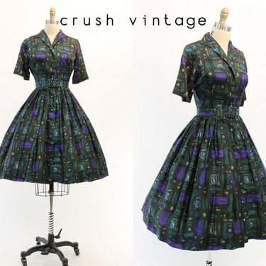 1950s geometric silk dress xs | vintage shirtwaist dress | new in 