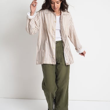 Vintage Brown White Treebark Striped Shirt Jacket | Bark Stripe Cotton Pajama Chore shirt | M L | 