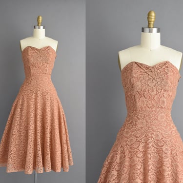 vintage 1950s dress | Gorgeous Nutmeg Strapless Lace Cocktail Party Bridesmaid Dress | Small 