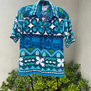 Vintage men’s Hawaiian luau shirt blue green barkcloth Sz L by Keone Sportswear 
