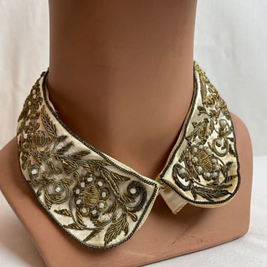50’s vintage beaded collar~ silver tone India metal thread pearly beads satin sweater collar retro pinup satin accessory 