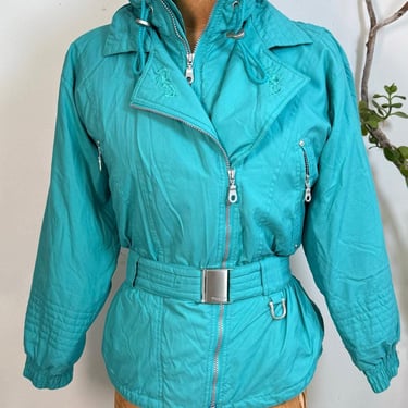 Teal Ski Jacket Belted | Vintage Snow Coat 80s | Retro Winter Outerwear Women 