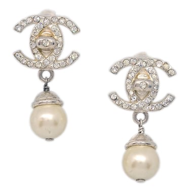 Chanel Silver Costume Pearl Rhinestone Dangle Earrings Clip-On 96A