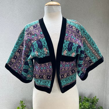 Vintage bohemian bolero jacket Guatemalan woven fabric velvet trim XS 