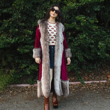 Penny Deluxe Burgundy Velvet Faux Fur Trim Coat 