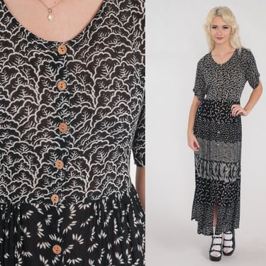 Grunge Dress Y2K Button Up Maxi Dress Black White Abstract Floral Leaf Print Ankle Length Short Sleeve Hippie Boho Day Vintage 00s Small S 