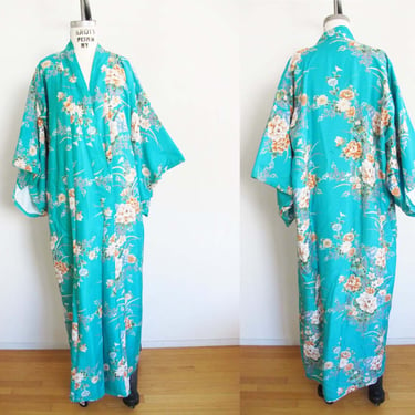 Vintage 60s Japanese Silk Kimono Robe One Size -  Turquoise Blue Peach Peony Floral Print Long Robe - Condition Issues 