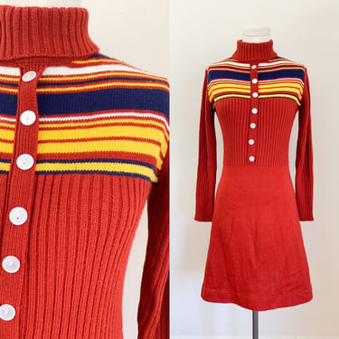 Vintage 1970s Autumnal Striped Turtleneck Sweater Dress / M 