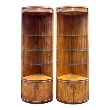 Drexel Passage Campaign Style Corner Display Cabinets - a Pair 