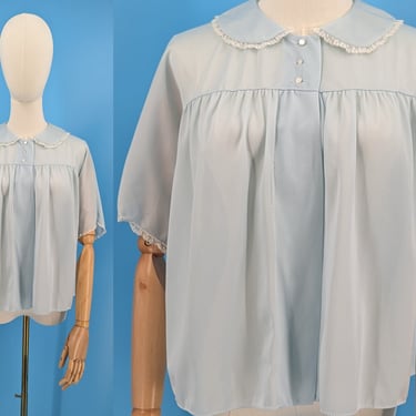 Vintage 50s Vanity Fair Pale Blue Nylon Short Sleeve Bed Jacket - Medium Fifties Peter Pan Collar Lingerie 
