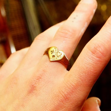 Antique 1914 Gold Plated Heart Signet Ring, Hand-Engraved Heart-Shaped Signet Ring, Star Cross Inlay, Mourning Jewelry Style, Size 9 1/2 US 