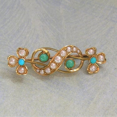 Antique Victorian 18K Gold, Pearl and Turquoise Brooch Pin, Old Pearl Pin Brooch, Conversion Jewelry (#3984) 