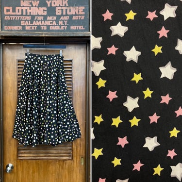 Vintage 1950’s Cotton Black Background Atomic Star Design Rockabilly Circle Skirt, 1950’s Circle Skirt, Star Print, Cotton Skirt, 1950’s 