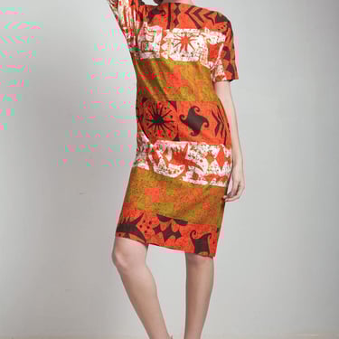 mod tribal shift dress vintage 60s short sleeve orange brown knee length MEDIUM M 