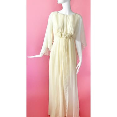The Rosalyn Gown; 1970s Chiffon Caped Wedding Gown 