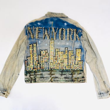 80s 90s Vintage Denim Jacket New York City Painted Rhinestones Airbrushed JEAN Jacket Medium Large Tony Alamo Inspired Stone Acid Wash Denim 