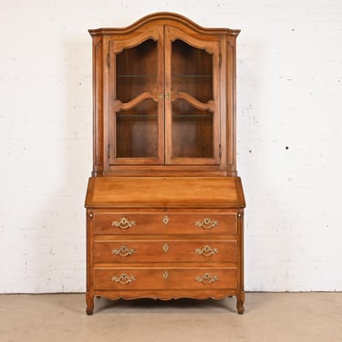 Baker Furniture French Provincial Louis XV Carved Walnut Drop Front Secretary Desk With Lighted Bookcase Hutch