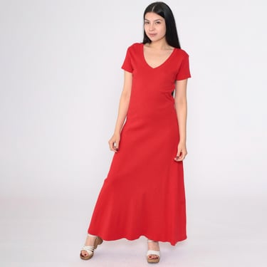 Vintage 90s Red Cotton Maxi Dress Short Sleeve Deep V Neck T-Shirt Dress Fitted Minimalist Solid Ribbed Knit Bodycon Casual 1990s Medium M 