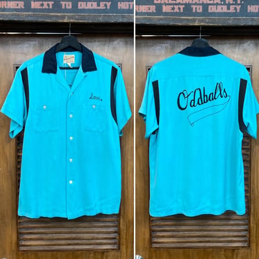 Vintage 1950’s “Oddballs” Team Rayon Gabardine Bowling Rockabilly Shirt, 50’s Loop Collar Shirt, Vintage Clothing 