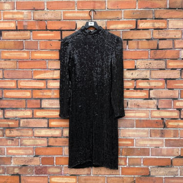 vintage 80s black silk sequin mockneck bodycon dress / xs s extra small 