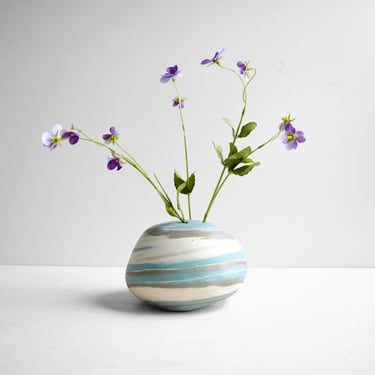 Vintage Ikebana Vase with Blue, White, and Grey Swirls 