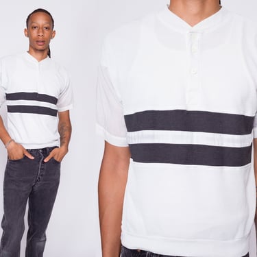 80s White & Black Striped Henley Shirt - Men's Medium to Large | Vintage Lightweight Waffle Knit Sportswear Top 