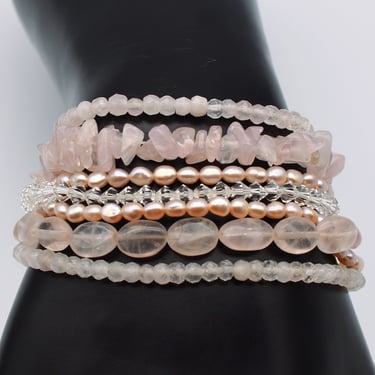 80's Avon 925 silver rose quartz pearls crystal glam punk bracelet, 7 strand beaded sterling bayonet cuff 