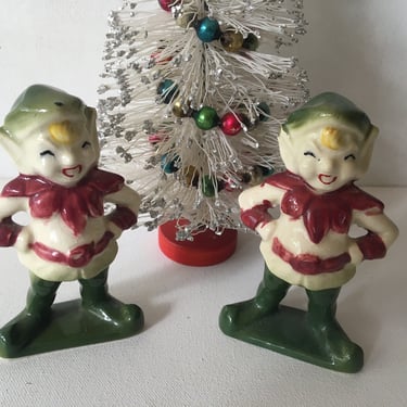 Vintage Elf Figurines, Christmas Pixie Ceramic Figures, Set Of 2, Holiday Decor 