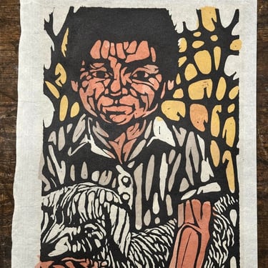 1960s Woodcut Print of Boy Holding.a Lamb - "El Favorito" - 10 of 50 - Mystery Artist - Rare Vintage Woodblock - Minnesota Art Collection 