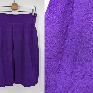 Vintage 80s Christian Lacroix Small Purple Textured Fish Four Leaf Clover High Waisted Wool Silk Mini Skirt 