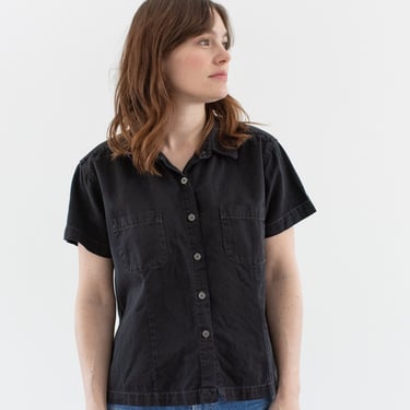Vintage Washed Black Short Sleeve Shirt | Overdye Pocket Simple Cotton Work Blouse | S M | 