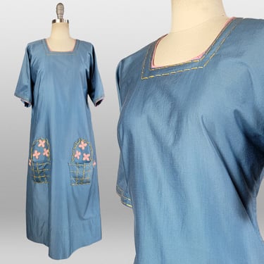 1930s Day Dress / 1930s Bohemian Dress / Blue Hand Embroidered Dress with Patch Pockets / Folk Art Dress / Size Medium Large 